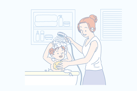 Mom washing her son's hair in bathtub, line art styleのイラスト素材