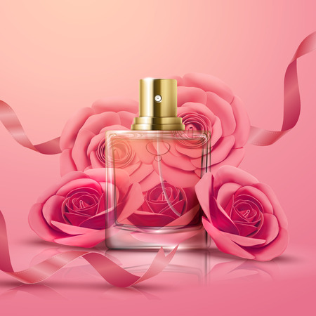 Beautiful perfume glass bottle and pink roses decorations in 3d illustrationのイラスト素材