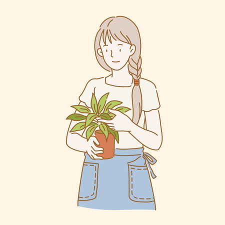 Girl holding potted plant in line styleのイラスト素材