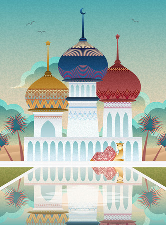Camel and colorful mosque flat style with beautiful fountain pondのイラスト素材