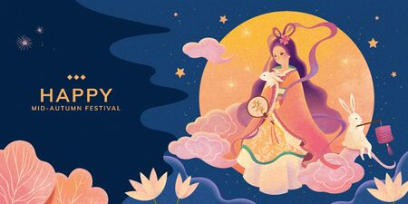 Mid autumn festival blue background, Chang'e and jade rabbit enjoy the full moon watchingのイラスト素材