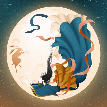 Elegant Chang'e and jade rabbit flying upon the sky with full moon, mid autumn festival illustrationのイラスト素材