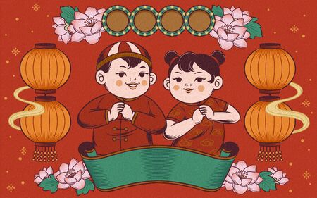 Retro Chinese new year decorative elements with kids doing fist and palm salute on red backgroundのイラスト素材