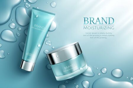 Moisture blue cosmetic set ads with waterdrop effect in 3d illustrationのイラスト素材