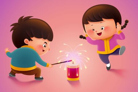 Cute children lighting firecrackers during holiday or new yearのイラスト素材