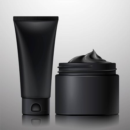 Blank charcoal cosmetic containers set in 3d illustrationのイラスト素材