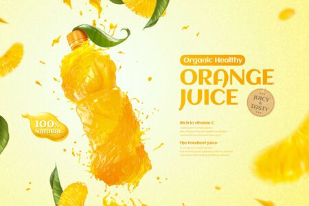 Orange bottle juice ads with splashing liquid and fresh pulp in 3d illustrationのイラスト素材