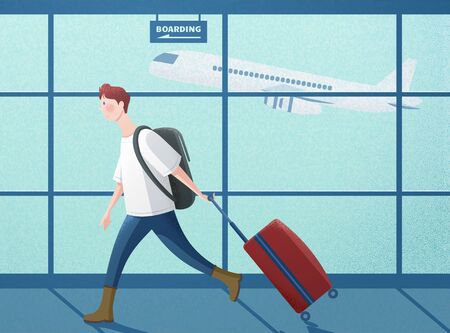 Boy dragging suitcase and walking past airport terminalのイラスト素材