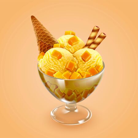 Mango sundae with crispy chocolate stick, ice cream cone and chopped fruits in 3d illustrationのイラスト素材