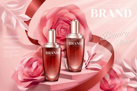 Droplet bottle ads with romantic paper rose decorations in 3d illustrationのイラスト素材