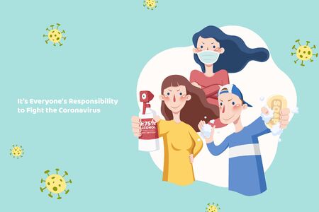 People stick together to fight against coronavirus with alcohol spray, washing hands and wearing mask, COVID-19 preventionのイラスト素材