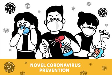 Covid-19 prevention comic style illustration with people wearing masks, washing hands and using alcohol spray to fight against virusのイラスト素材
