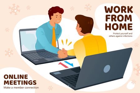 People work from home and have online meetings through internet to stop COVID-19 spreading, two men showing up from laptops and greeting to each other in flat styleのイラスト素材