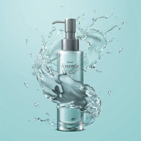 Essence pump bottle with water splashes effect on turquoise background in 3d illustrationのイラスト素材