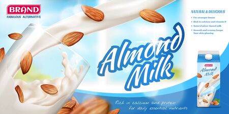 Nutritious almond milk banner ads with liquid and seeds pouring into glass cup on bokeh background, 3d illustrationのイラスト素材