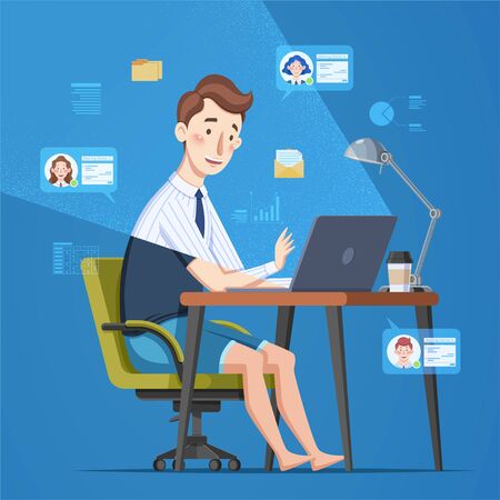 Young businessman working from home with his laptop in flat style on blue backgroundのイラスト素材