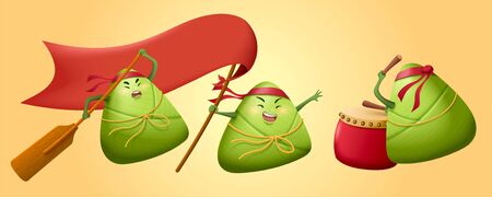 Cartoon zongzi dragon boat racing team including paddler, drummer and steerer for duanwu festivalのイラスト素材