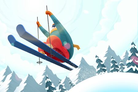 Professional alpine skier jumping in the air on forest ski area background, low angle illustrationのイラスト素材