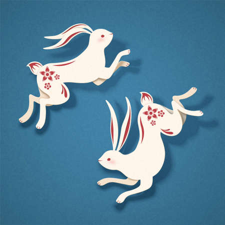 Papercut style vivid two white rabbits with red floral decorations on blue backgroundのイラスト素材