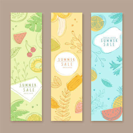 Roll-up cover template in line art and pastel tone, concept of tropical fruit, for summer sale ad, web ad, x-banner useのイラスト素材