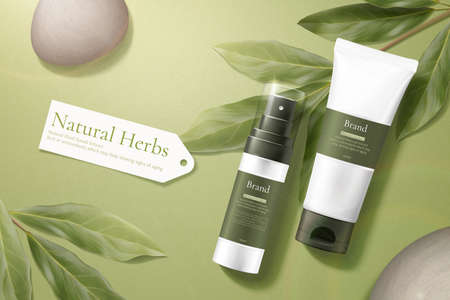 3d illustration of herbal cosmetic ad, simple and natural skincare concept, product mock-ups laid with pebbles and lemon eucalyptusのイラスト素材