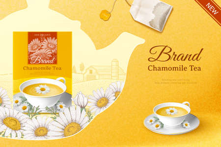 Chamomile tea ad in 3d illustration with engraved teapot over yellow backgroundのイラスト素材
