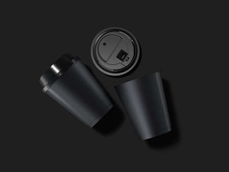 3d rendering black paper coffee cups lying on dark background with open lid, top view disposable cup...