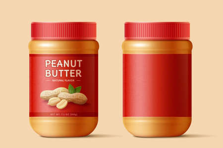 Peanut butter spread bottles mockup template with blank label in 3d illustration over beige backgroundのイラスト素材