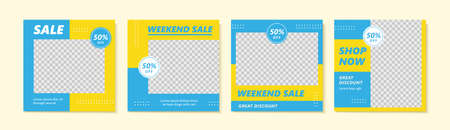 Energetic social media template designed in yellow and blue, using the contrasting color blocks to...