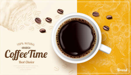 Relax coffee time banner ads with 3d illustration white cup in top view angle, engraving style backgroundのイラスト素材