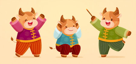 Brown cattle with Chinese costumes. Animal cartoon characters isolated on beige background. Concept of 2021 Chinese zodiac sign ox and lunar new year celebration.のイラスト素材