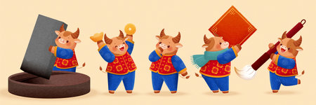 Cute bulls with traditional costume isolated on yellow background. Concept of Chinese zodiac sign ox and writing Chinese calligraphy.のイラスト素材
