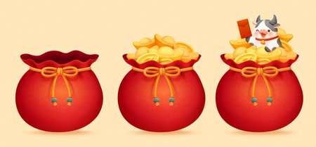 Red lucky bags isolated on beige background. Object elements suitable for 2021 Chinese new year and traditional zodiac sign ox.のイラスト素材