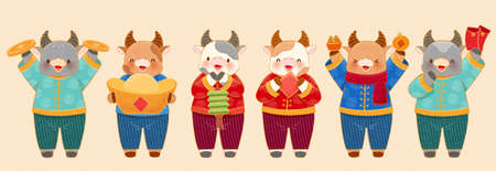 Cute cow characters with traditional costumes isolated on beige background. Animal elements suitable for 2021 Chinese new year and traditional zodiac sign ox.のイラスト素材
