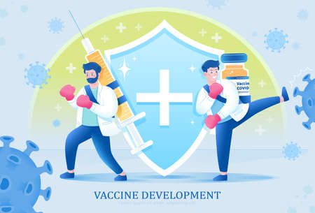 Two scientists fighting the virus with vaccine bottle and syringe. Concept of stopping the COVID pandemic through vaccination.のイラスト素材