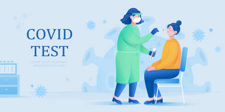 A female doctor in protective suit taking a nasal swab to collect samples for laboratory test. Concept of COVID 19 test.のイラスト素材