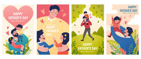 Set of Father's Day illustrations depict dads taking care of their children. Concept of fatherhood, parenting, and childhood in flat design.のイラスト素材