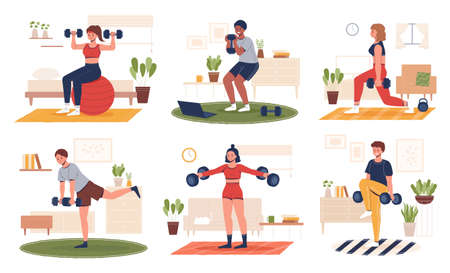 Sport at home scenes set. Different people doing workout indoors. Flat style illustration men and women using dumbbell weights to exercise at home.のイラスト素材
