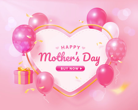 3d Mother's Day or Valentine's Day background. Heart shape greeting card decorated with golden frame and pink balloons. Suitable for web page or promo event.のイラスト素材