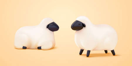 3d illustration of two blackface sheep on yellow background. One is in a sitting position and the other is standingのイラスト素材