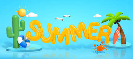 Beach summer fun in 3d. Illustration of tropical plants, aquatic exercise equipment and weather elements, etc. on blue backgroundのイラスト素材