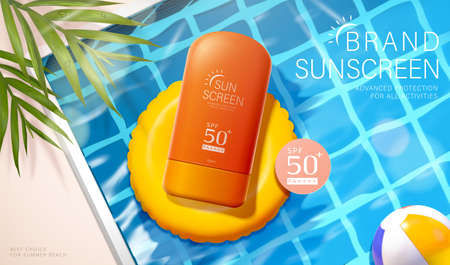 3d summer sunscreen cream ad. Illustration of sunblock product placed on a swim ring in swimming...