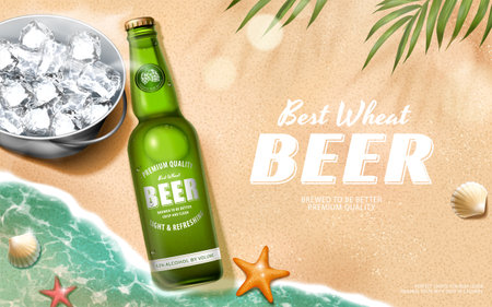 3d wheat beer ad banner. Illustration of beer glass bottle lying on coastline with bucket of ice cubes aside on beach sand backgroundのイラスト素材