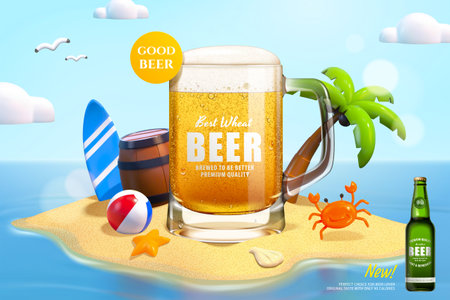 3d wheat beer ad. A glass mug with wheat beer on tropical island with surfboard, barrel, and palm treeのイラスト素材