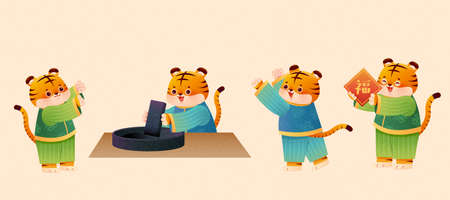 Tigers character set for CNY. One of them grinding the inkstone and the other tiger holding couplet with Blessing and Luck written on itのイラスト素材