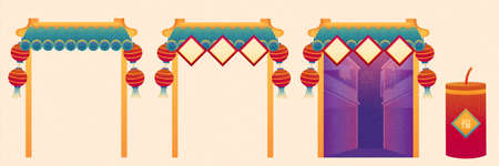 Decorated gates for CNY. Traditional Chinese Paifangs with hanging lanterns on two sides and couplets attached in front of the roofのイラスト素材