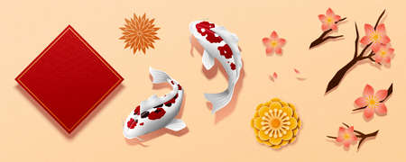 Top view illustration of Kohaku koi, red couplet, and blossom flower isolated on orange background. Elements symbolizing luck, flourishing and prosperousのイラスト素材