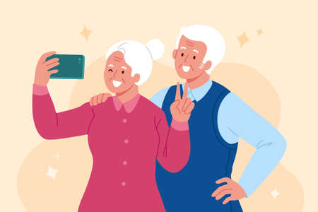 Elder taking selfie with her spouse. Flat illustration of the elderly woman using a smartphone to take self-portraitのイラスト素材