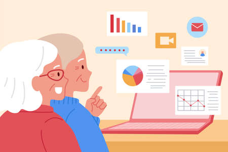 Elder's pension investment. Flat illustration of an old couple visiting their stock dashboard portfolio on Internet and discussing the retirement financial planのイラスト素材
