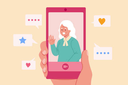 Video calling in first-person view. Flat illustration of a man meeting an elderly woman online on phone with his first-person perspectiveのイラスト素材